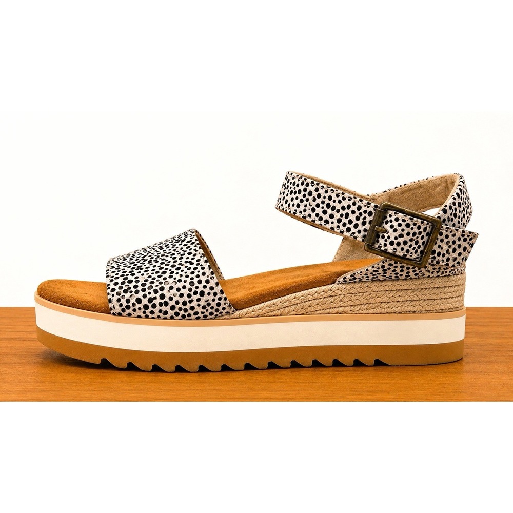 TOMS Women's Wedge Sandals Spotted Leather Ankle Strap Buckle Size 8.5